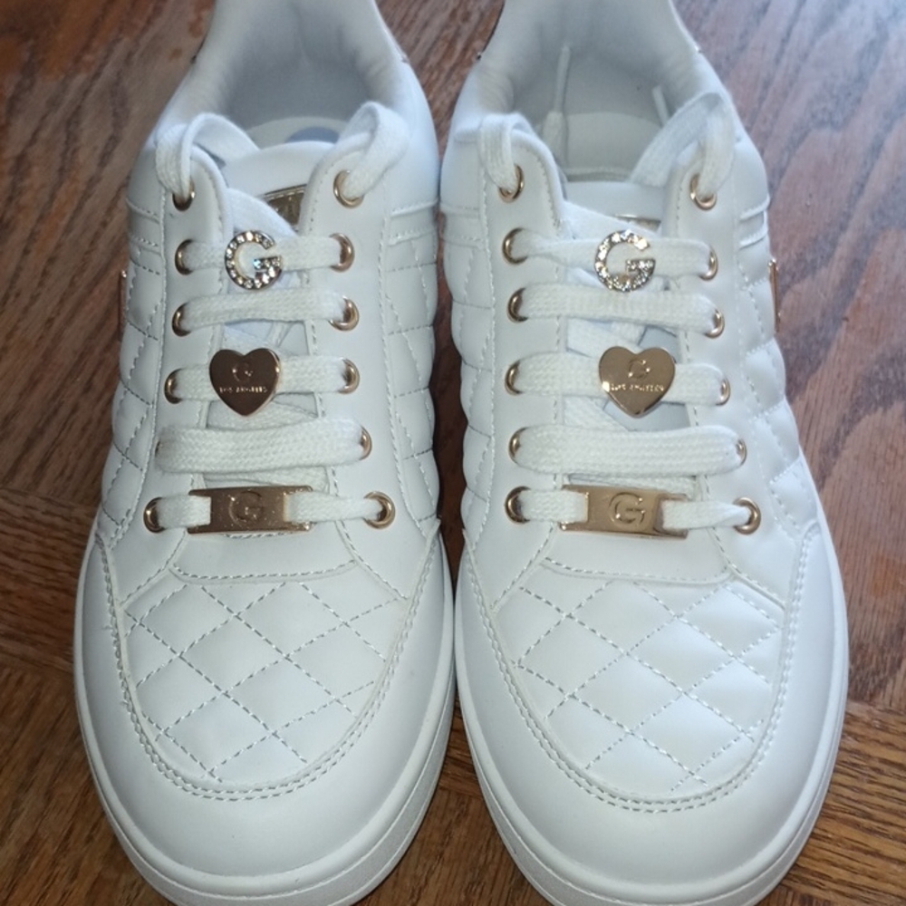 GBG Los Angeles Quilted White Sneakers with Gold Accents